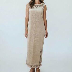 Sag Harbor Linen Blend Sleeveless Embroidered Beaded Tan Brown Maxi Dress Size 8